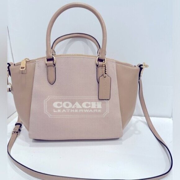 Coach Elise Badge Jacquard Chalk Taupe Satchel Shoulder Bag, purse, - Picture 2 of 12